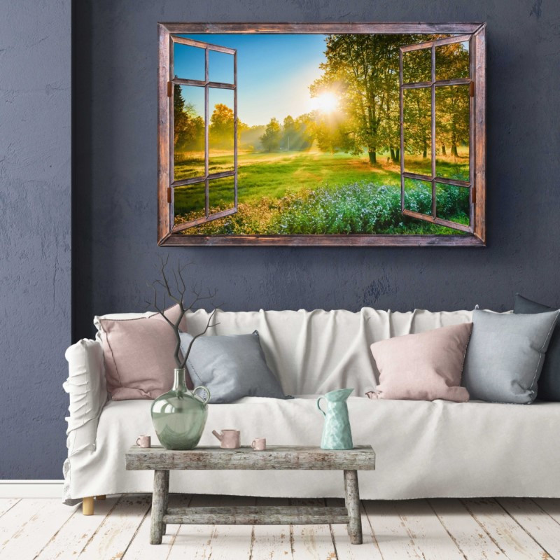 Exotic Green Day Forest View Open Window Canvas Print Wall Art