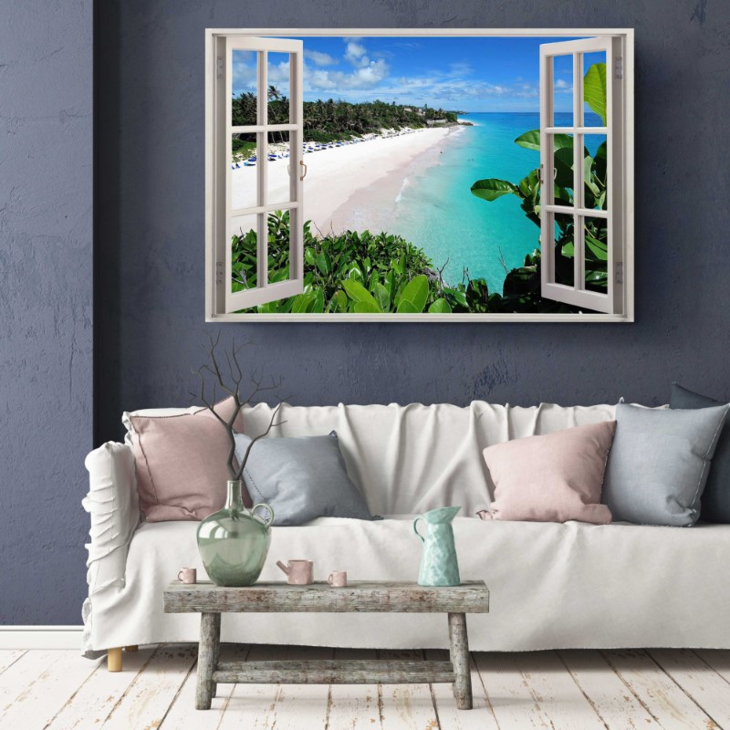 Exotic Beach Day View Open Window Canvas Print Wall Art