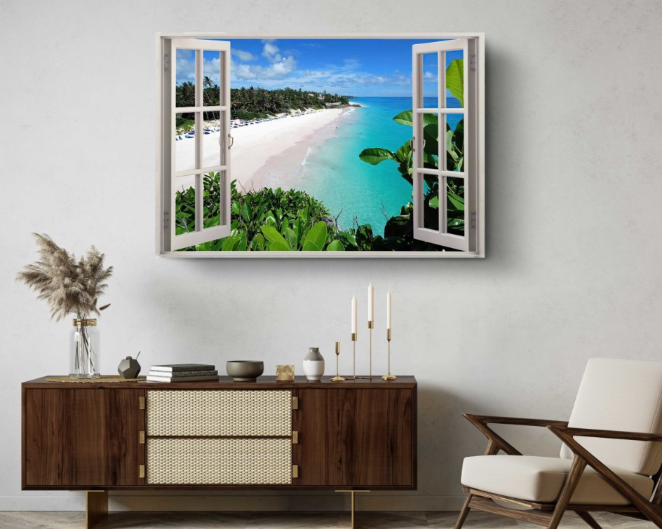 Exotic Beach Day View Open Window Canvas Print Wall Art