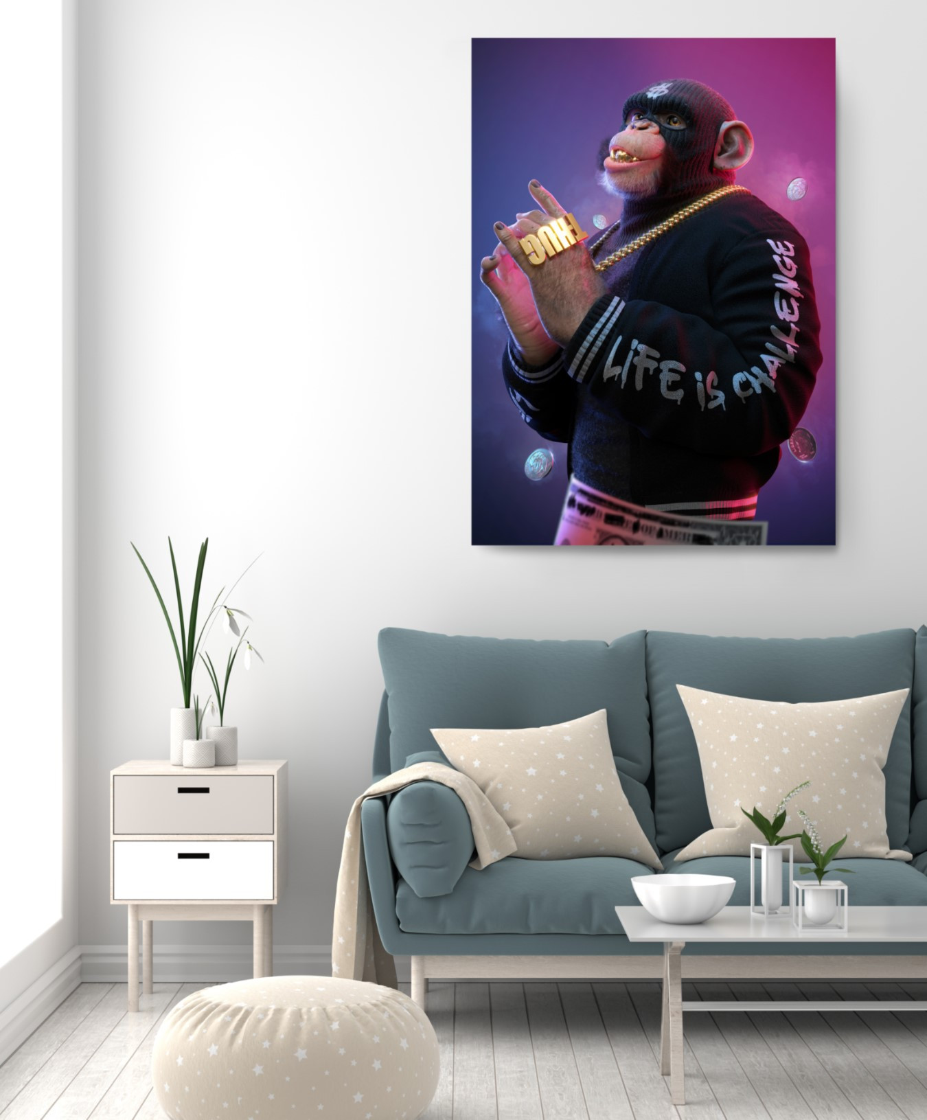 Thug Monkey with Coins Motivation Canvas Wall Art