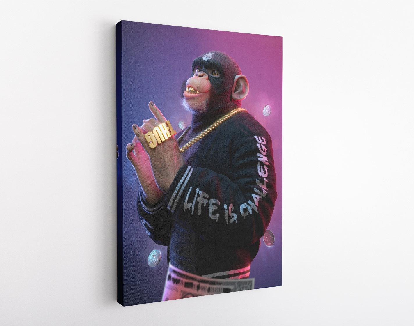 Thug Monkey with Coins Motivation Canvas Wall Art