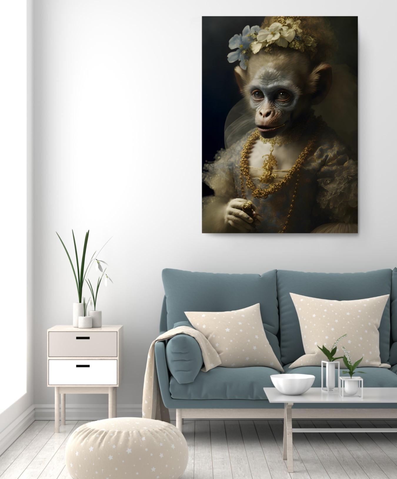 Maiden Monkey with Flowers Animal Kingdom Motivation Canvas Wall Art