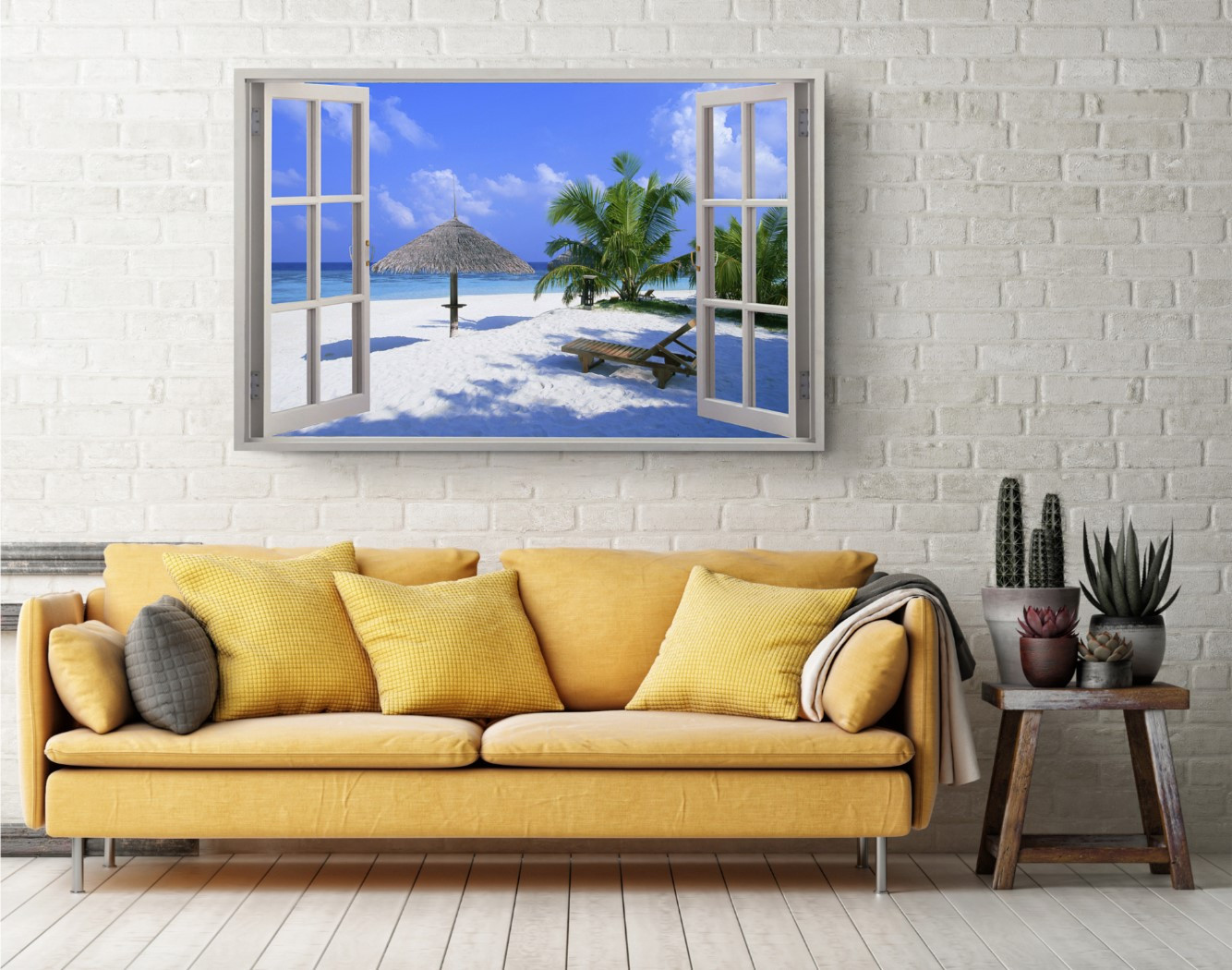 Exotic Beach View Open Window Canvas Print Wall Art