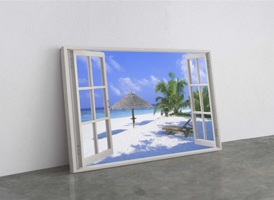 Exotic Beach View Open Window Canvas Print Wall Art