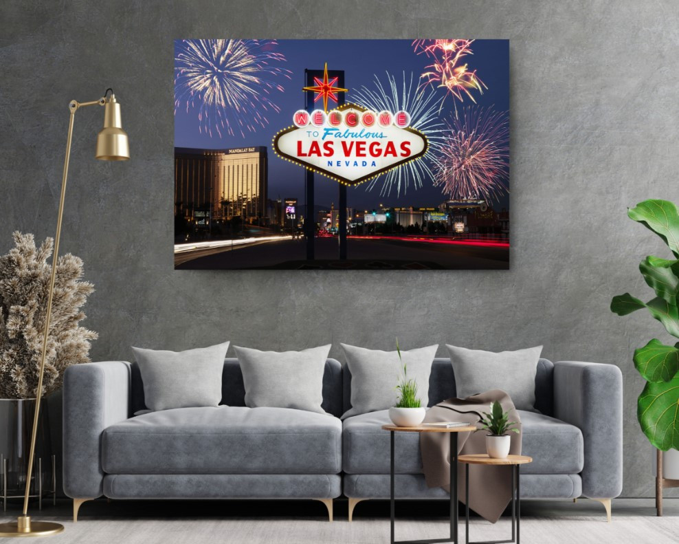 Las Vegas Welcome Sign with Fireworks City Canvas Print Wall Art