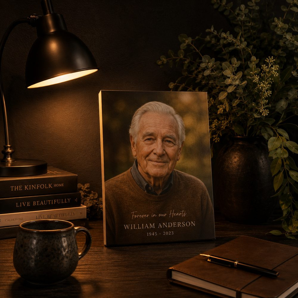Memorial portrait canvas of a grandfather with name and years
