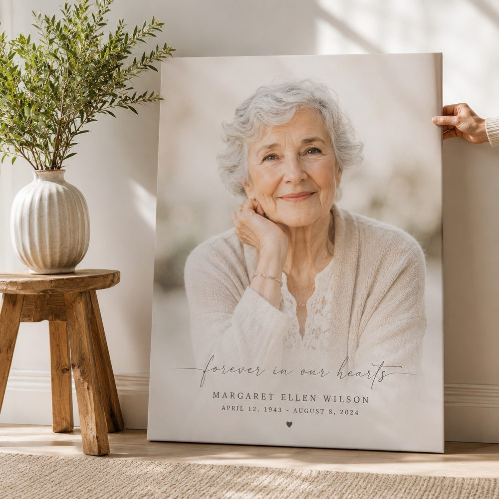 Large memorial canvas of a grandmother with her full name and dates