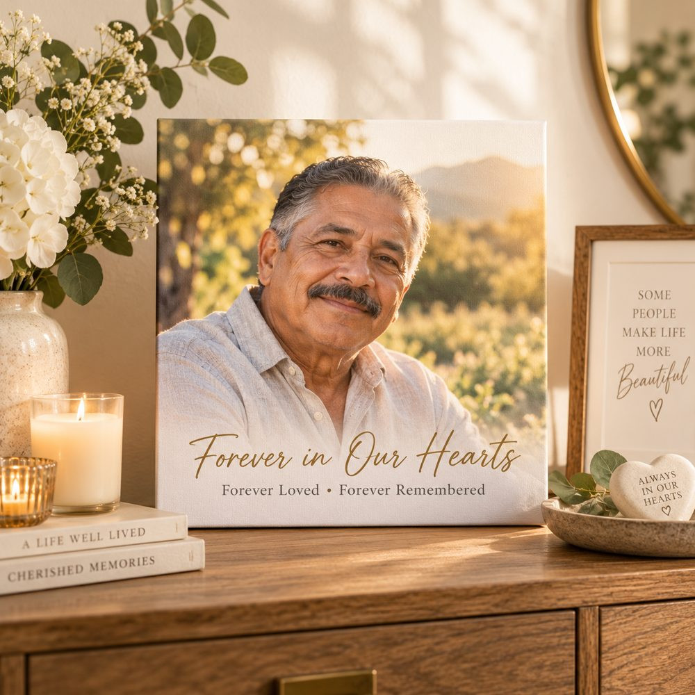 Memorial canvas of a father with Forever in Our Hearts text