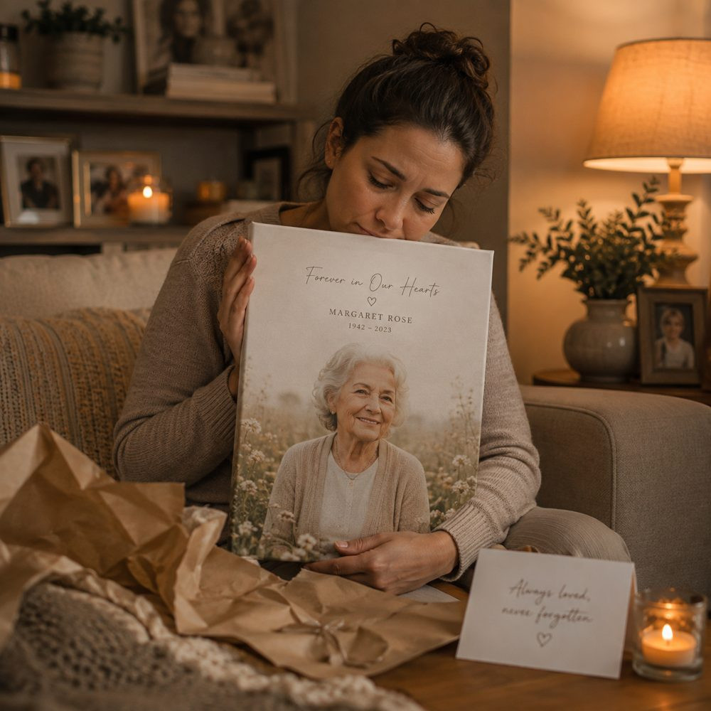 Daughter holding a memorial canvas of her mother with name and dates