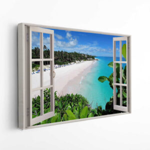 Exotic Beach Day View Open Window Canvas Print Wall Art