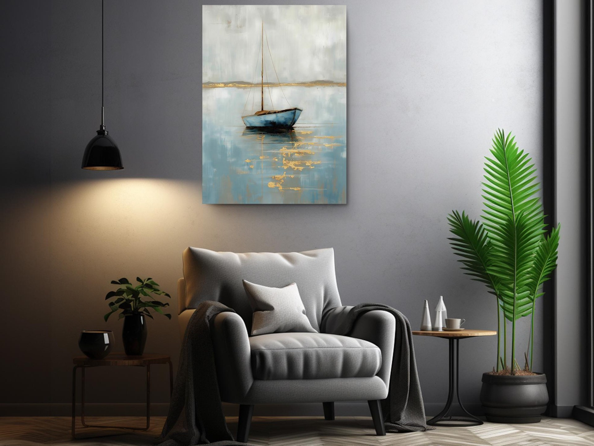 Abstract Sailboat Blue Canvas Wall Art