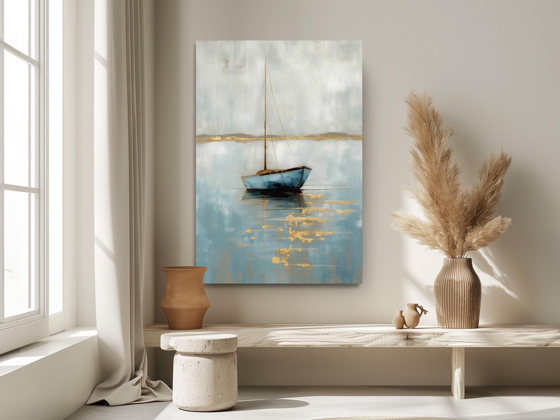 Abstract Sailboat Blue Canvas Wall Art