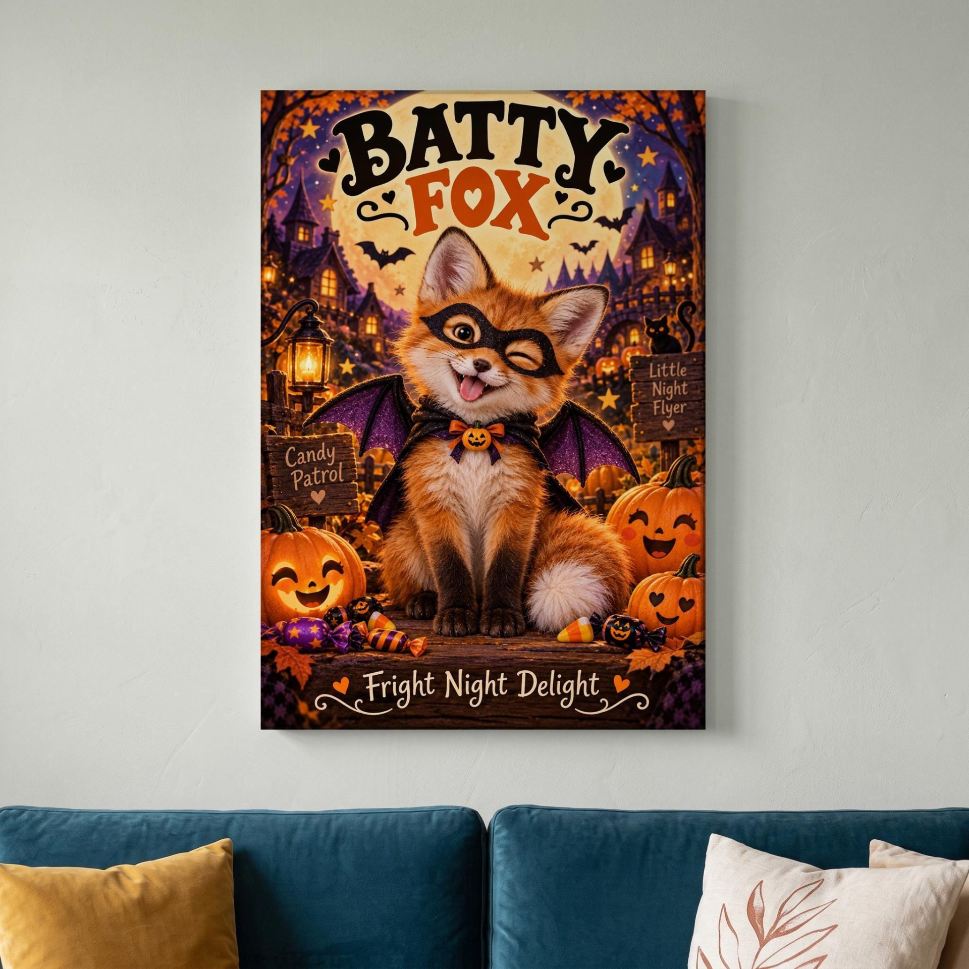 Batty Fox Halloween Canvas Wall Art