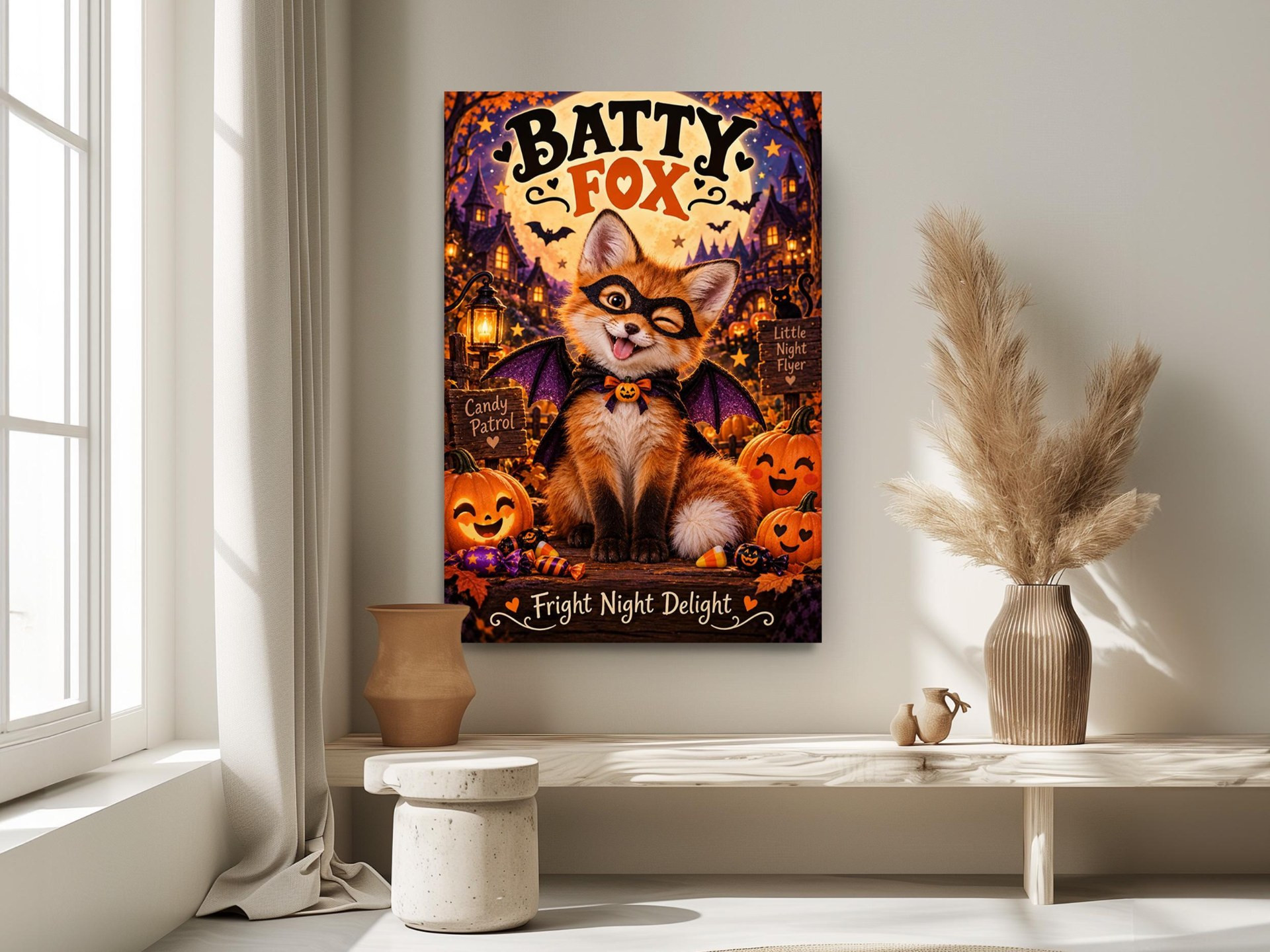 Batty Fox Halloween Canvas Wall Art