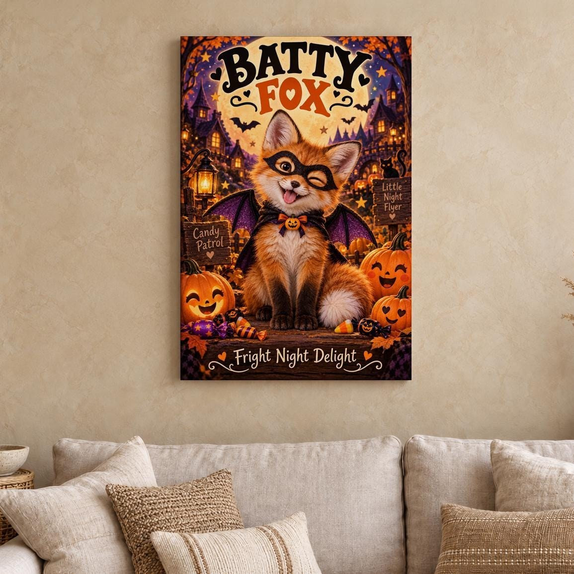 Batty Fox Halloween Canvas Wall Art