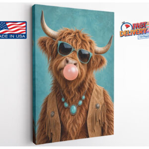 Bubblegum Highland Cow Funny Canvas Wall Art