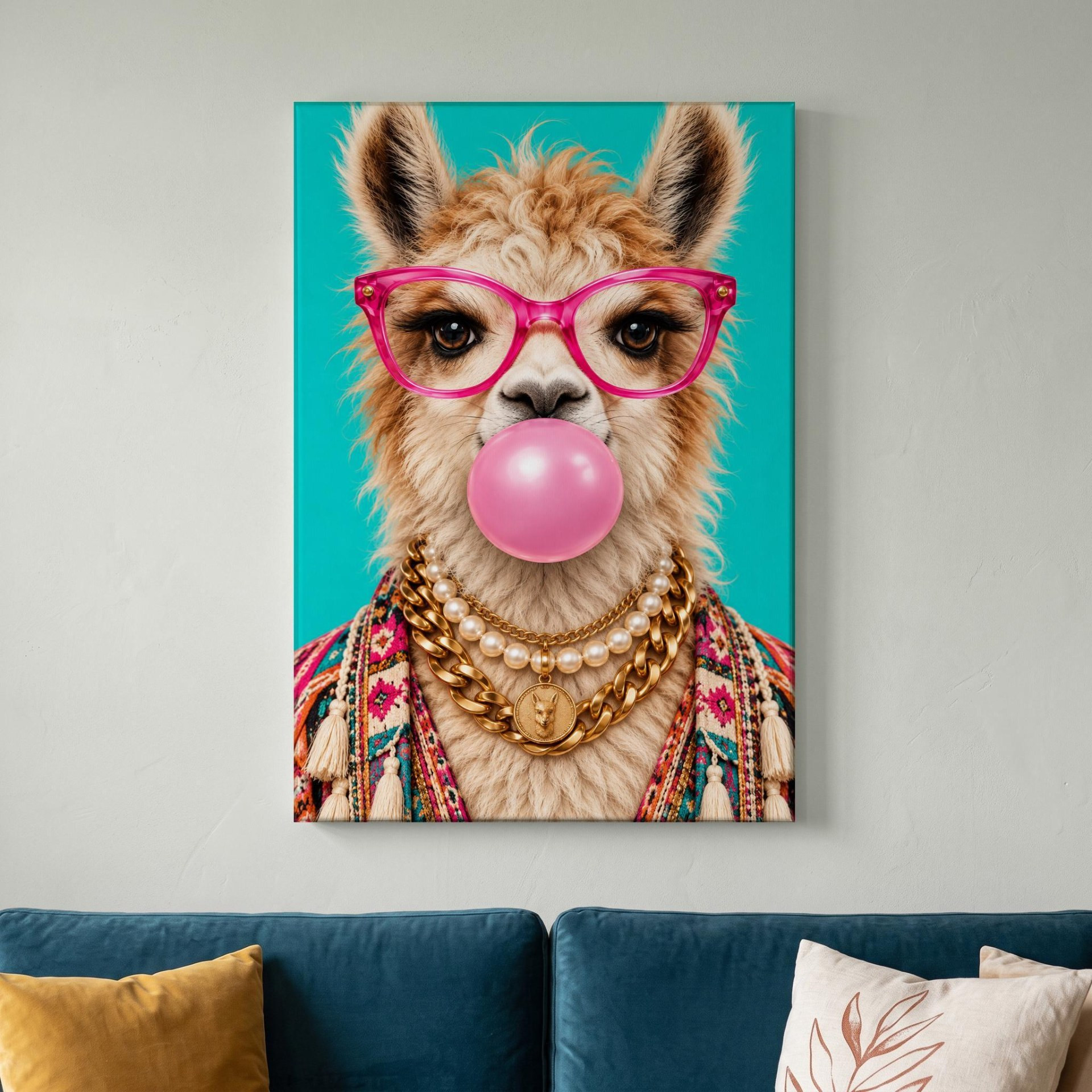 Bubblegum Llama Funny Canvas Wall Art
