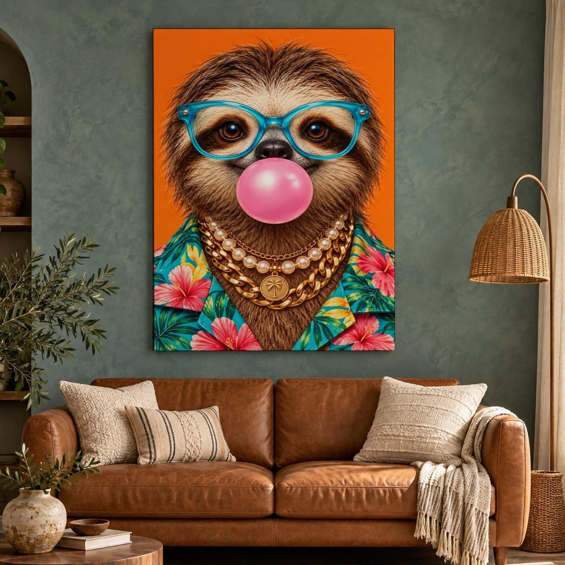 Bubblegum Sloth Funny Canvas Wall Art