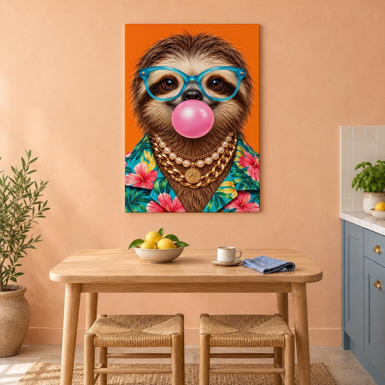 Bubblegum Sloth Funny Canvas Wall Art