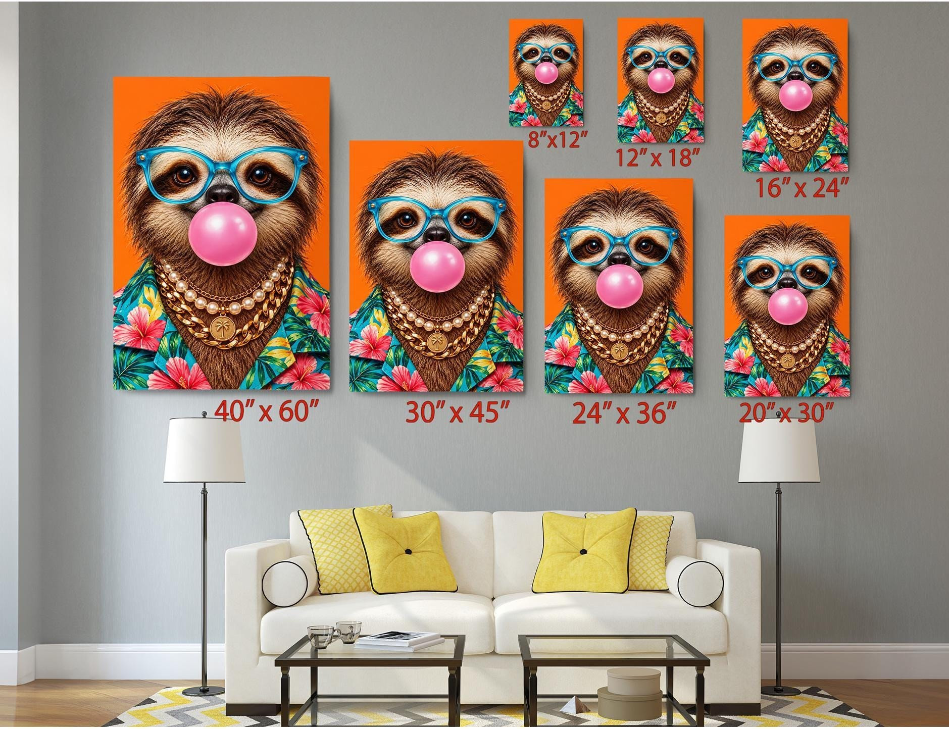 Bubblegum Sloth Funny Canvas Wall Art