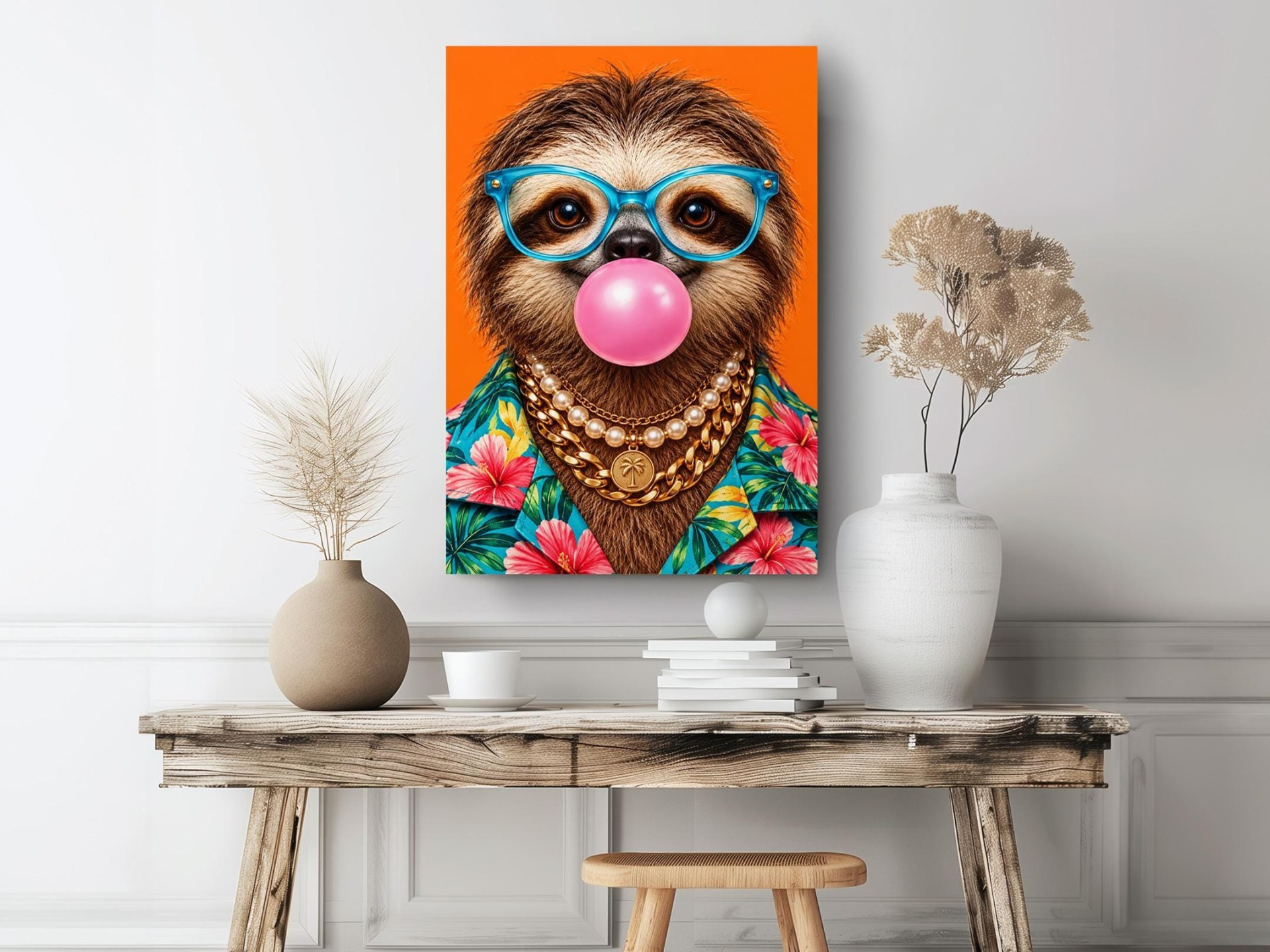 Bubblegum Sloth Funny Canvas Wall Art