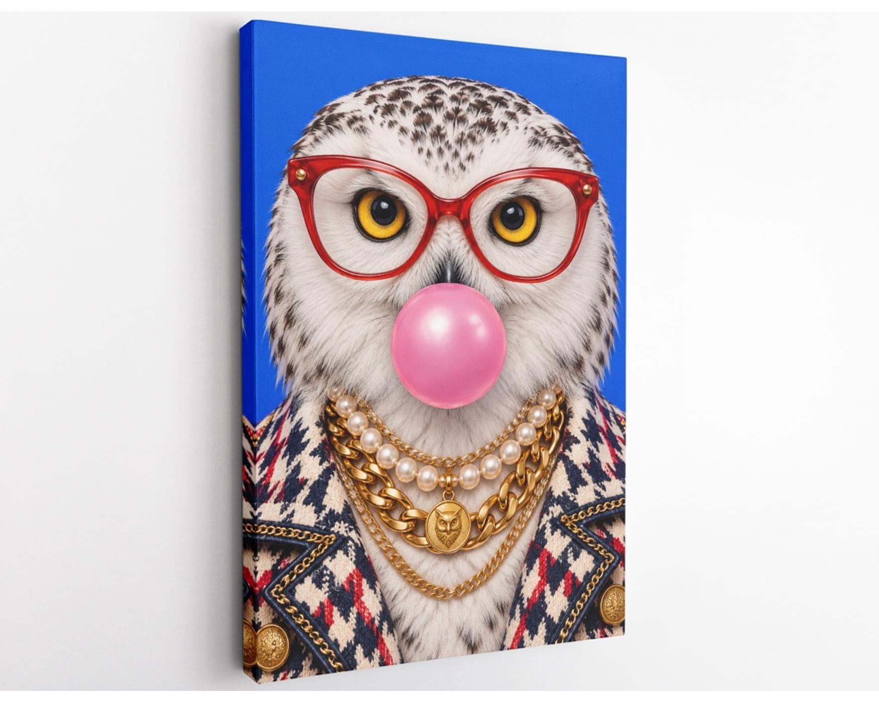 Bubblegum Snowy Owl Funny Canvas Wall Art