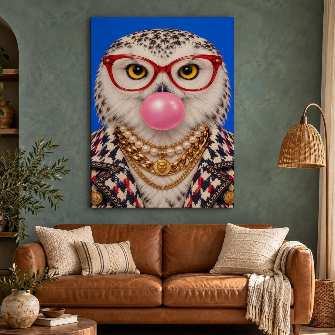 Bubblegum Snowy Owl Funny Canvas Wall Art