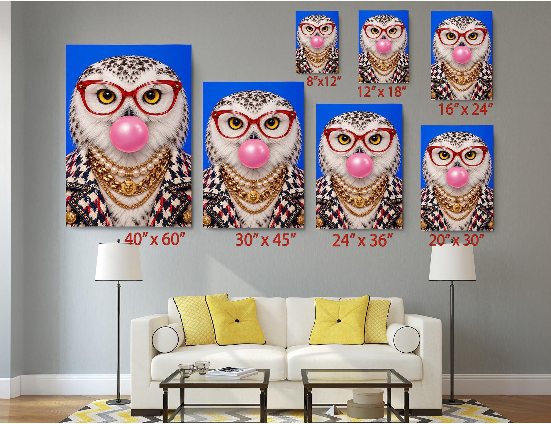 Bubblegum Snowy Owl Funny Canvas Wall Art