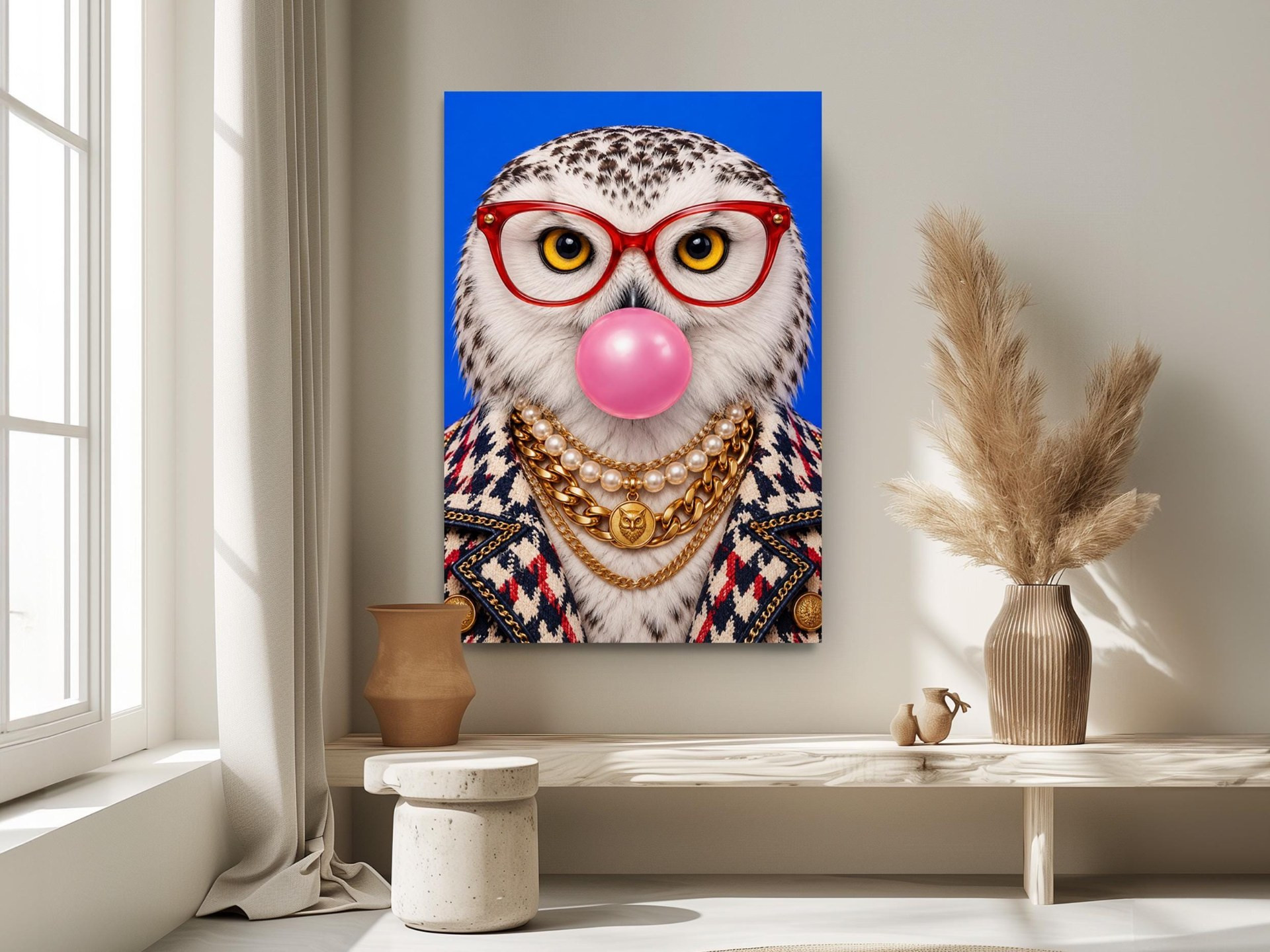 Bubblegum Snowy Owl Funny Canvas Wall Art