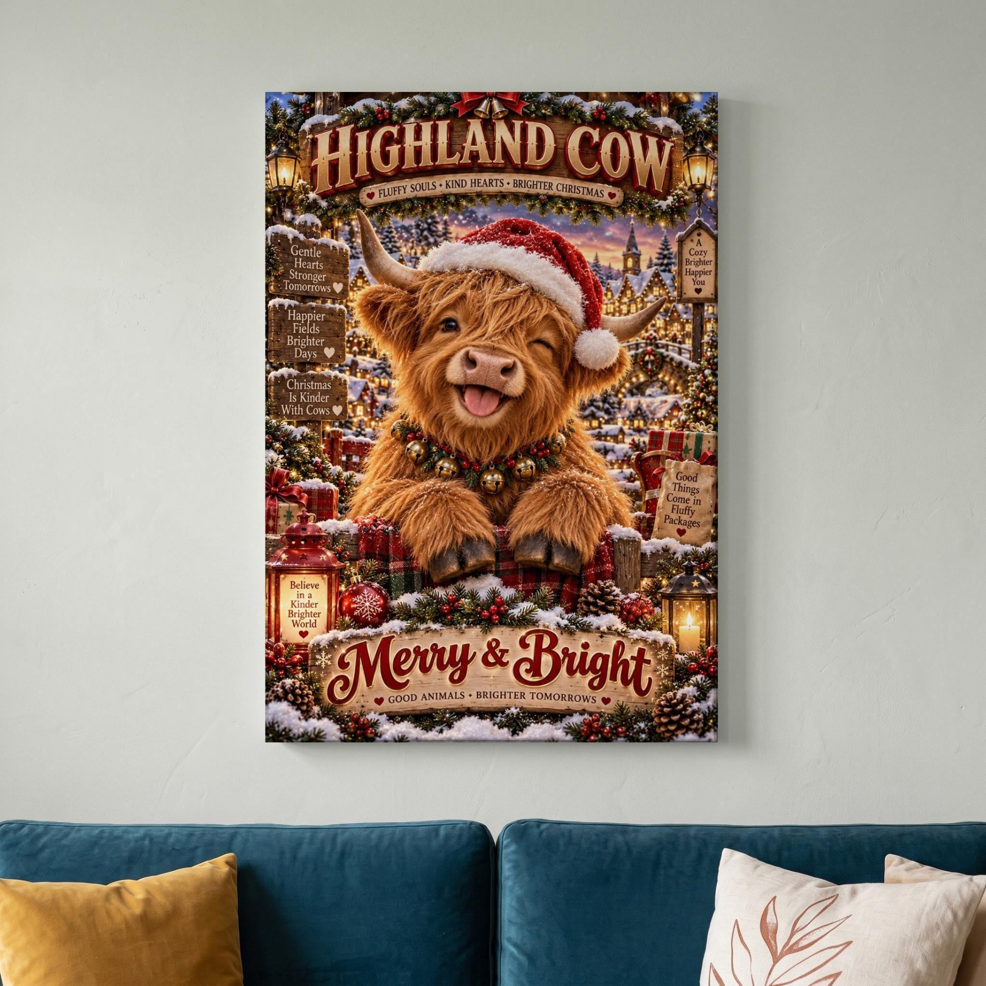 Christmas Highland Cow Canvas Wall Art