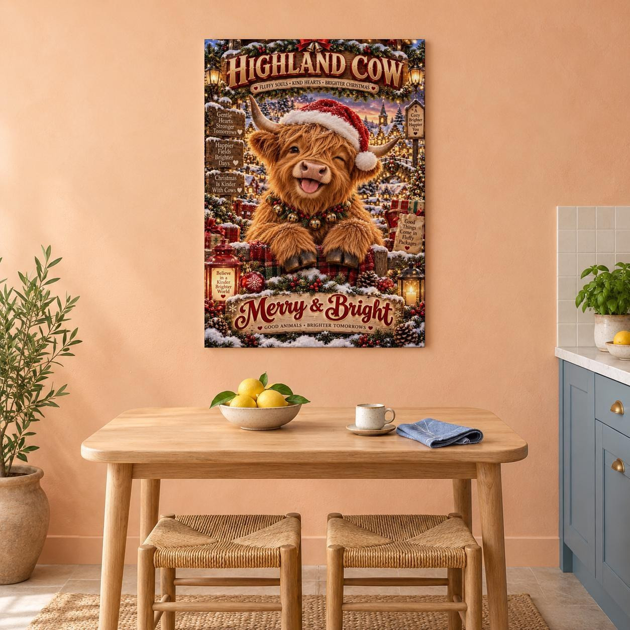 Christmas Highland Cow Canvas Wall Art