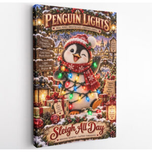 Christmas Lights Penguin Canvas Wall Art