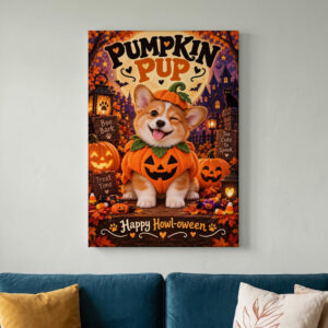 Corgi Pumpkin Halloween Canvas Wall Art