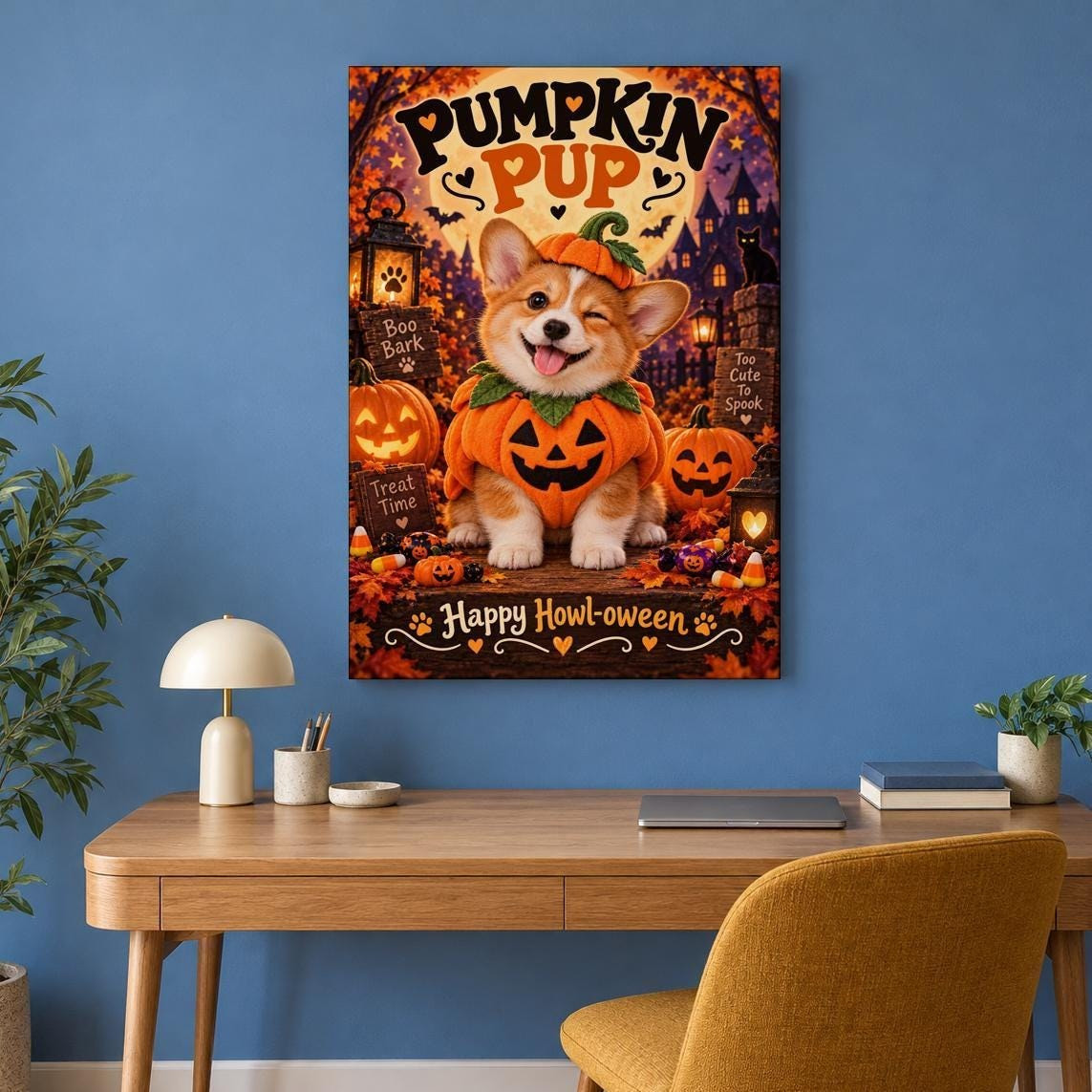 Corgi Pumpkin Halloween Canvas Wall Art