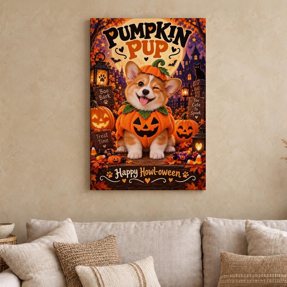Corgi Pumpkin Halloween Canvas Wall Art