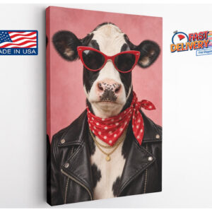 Cow in Leather Jacket Funny Canvas Wall Art