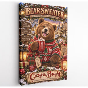 Cozy Christmas Sweater Bear Canvas Wall Art