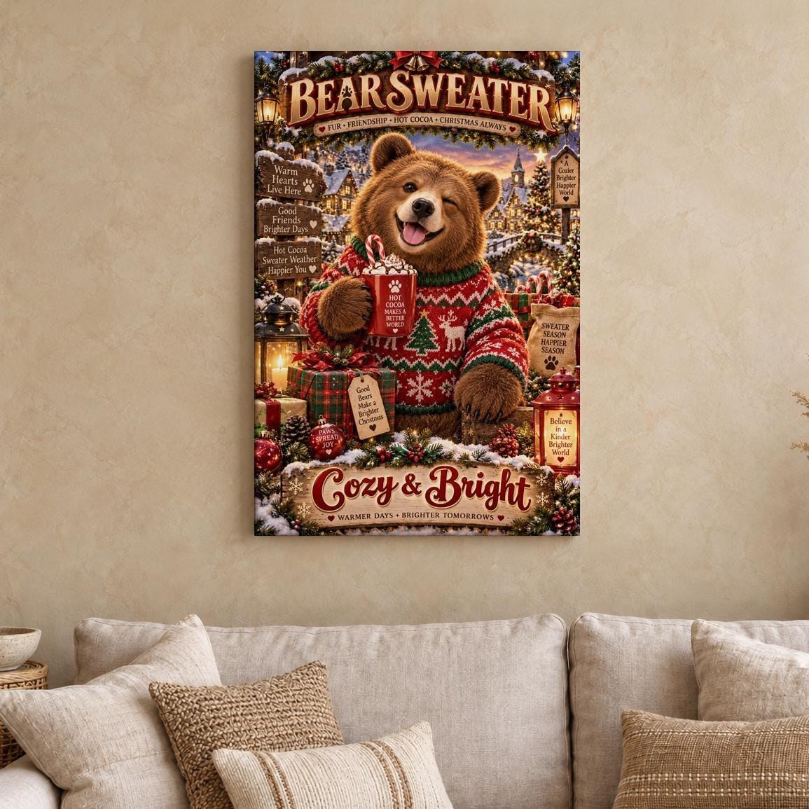 Cozy Christmas Sweater Bear Canvas Wall Art