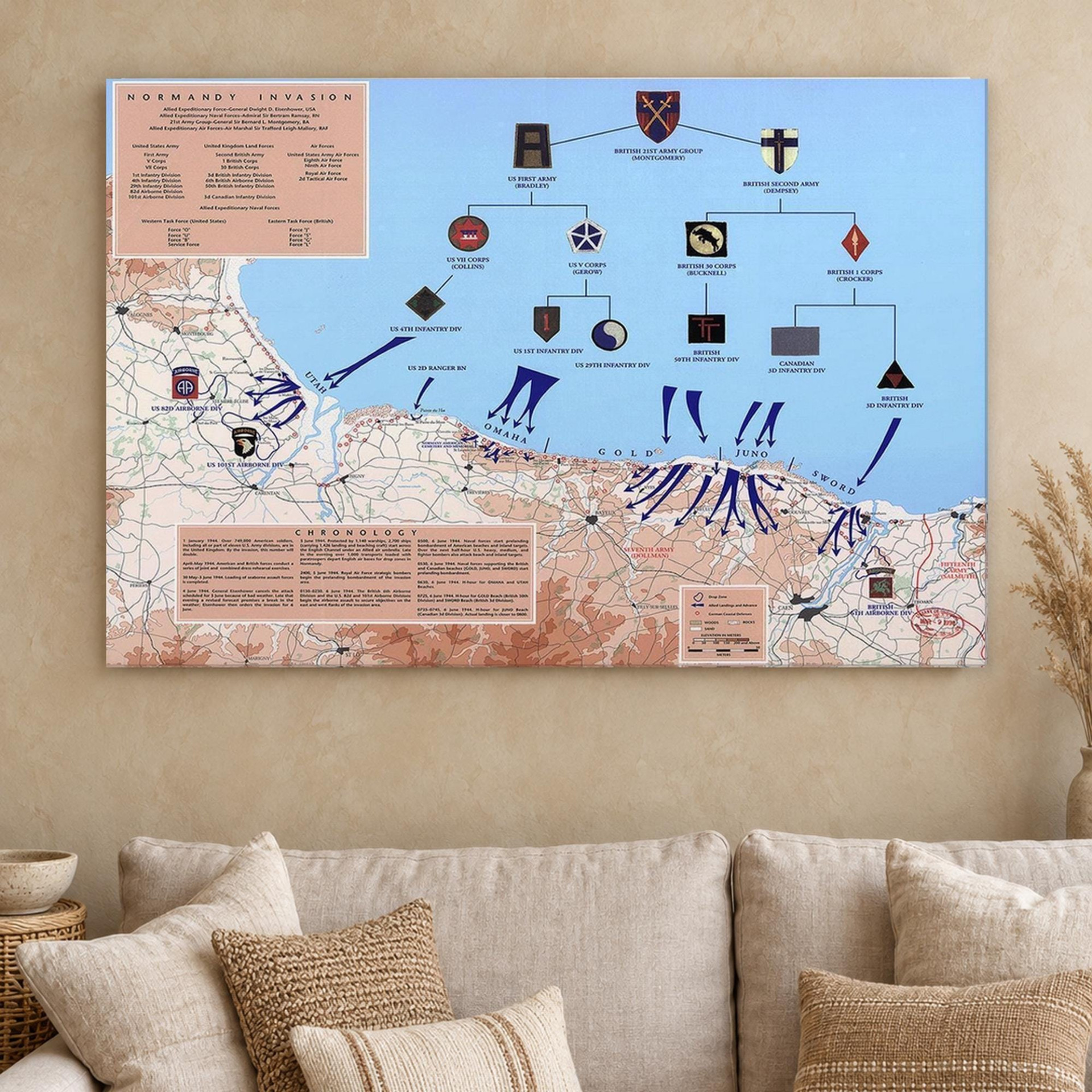 D-Day Normandy Landings Map Canvas Wall Art