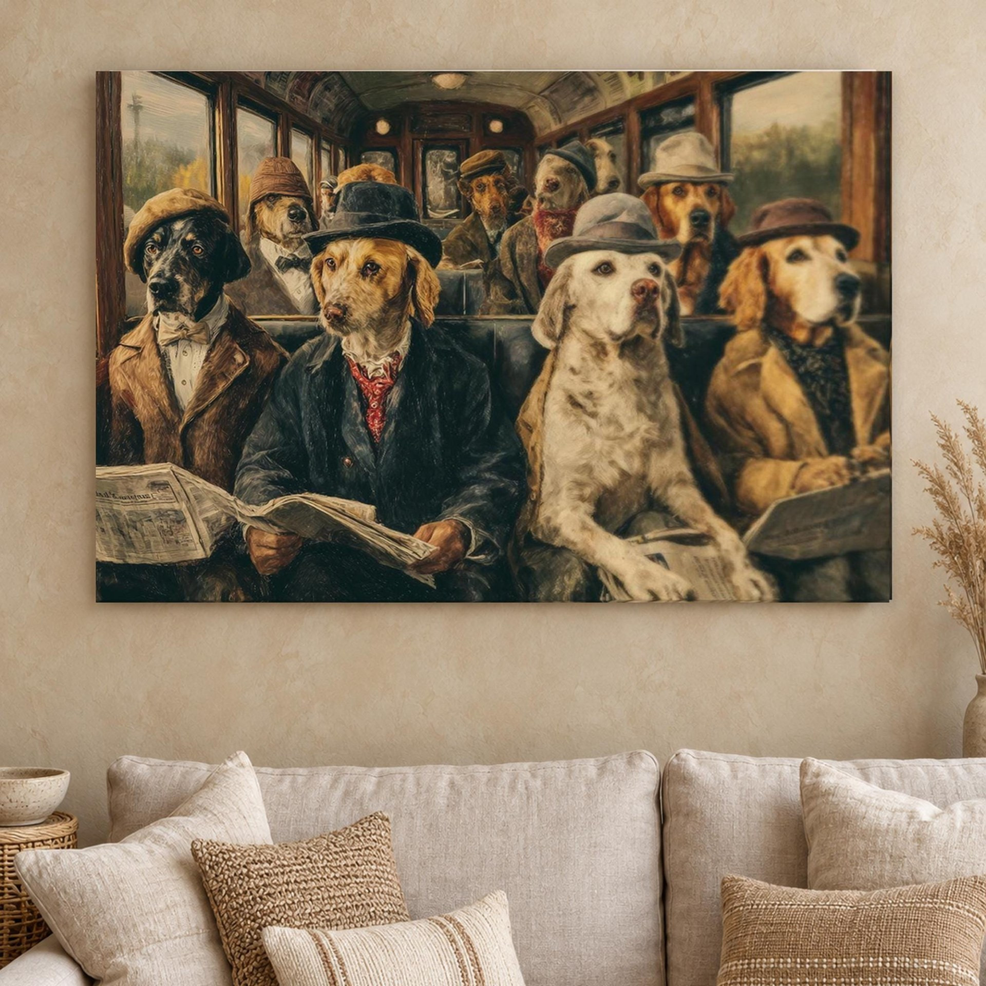 Dogs on a Train Funny Canvas Wall Art