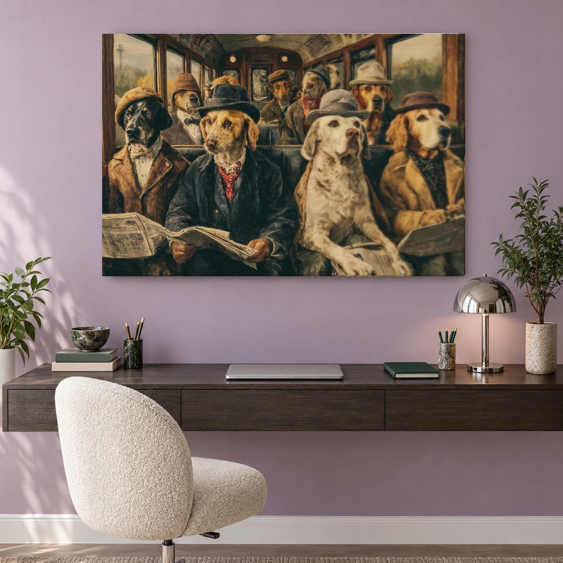 Dogs on a Train Funny Canvas Wall Art