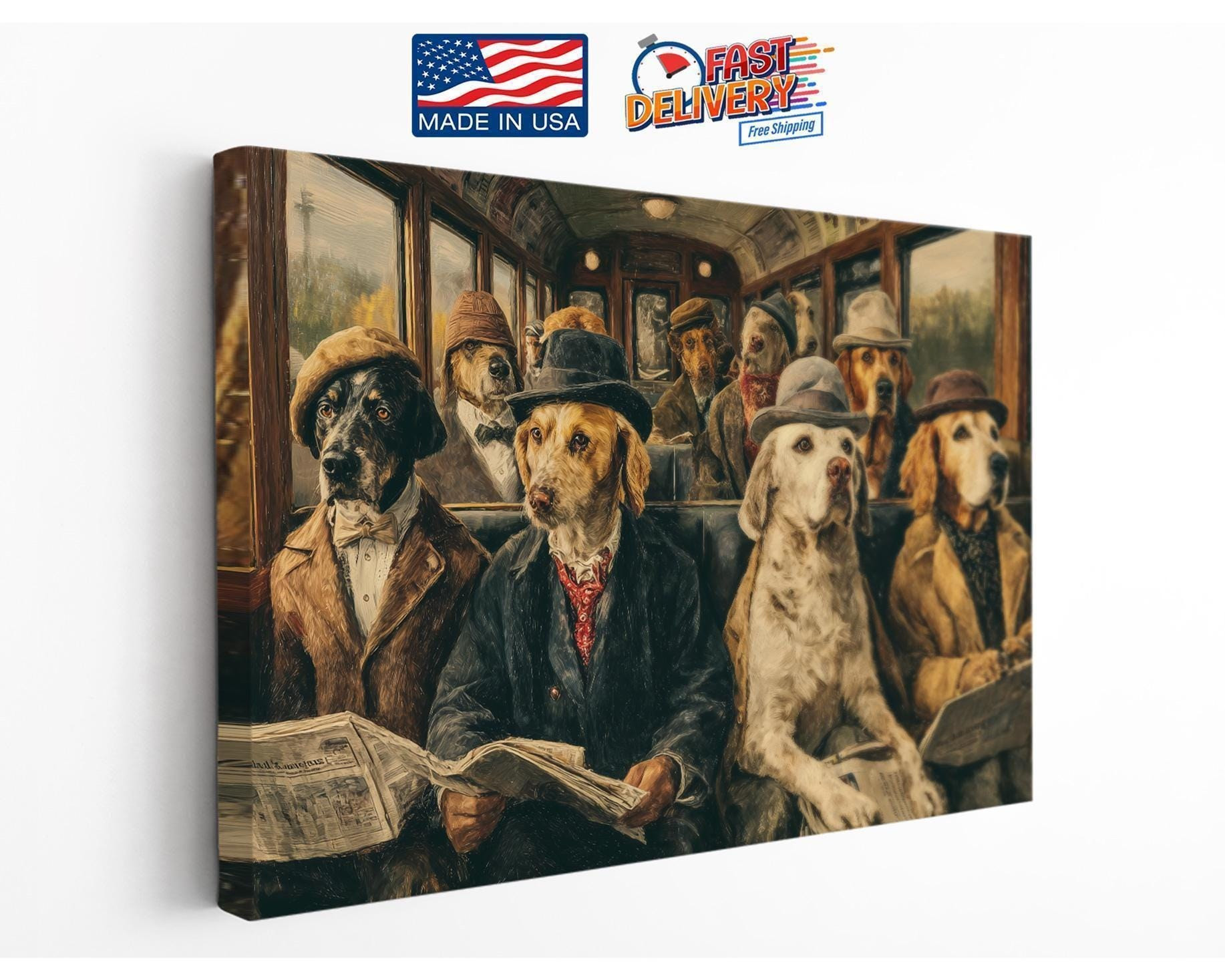 Dogs on a Train Funny Canvas Wall Art