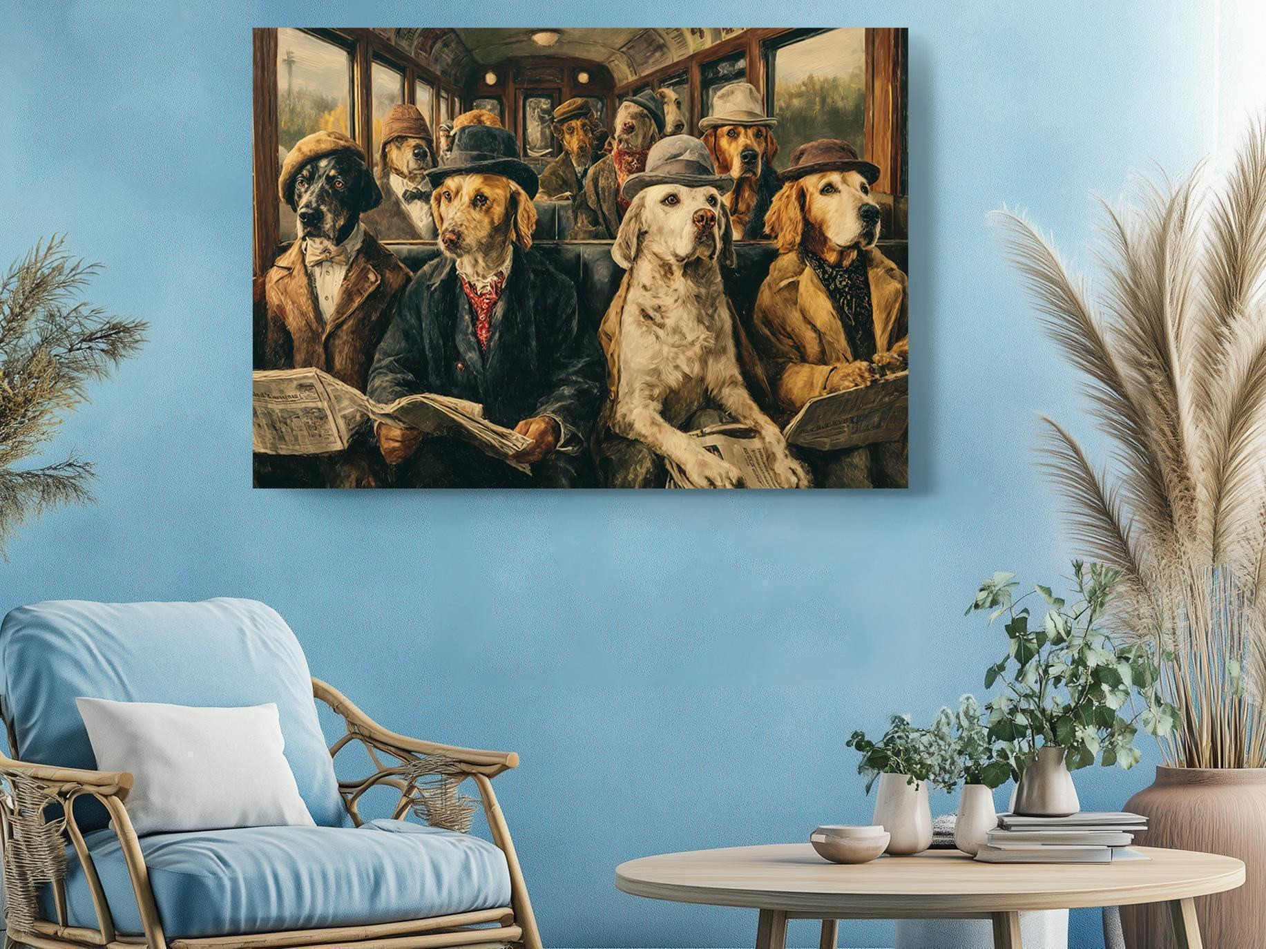 Dogs on a Train Funny Canvas Wall Art