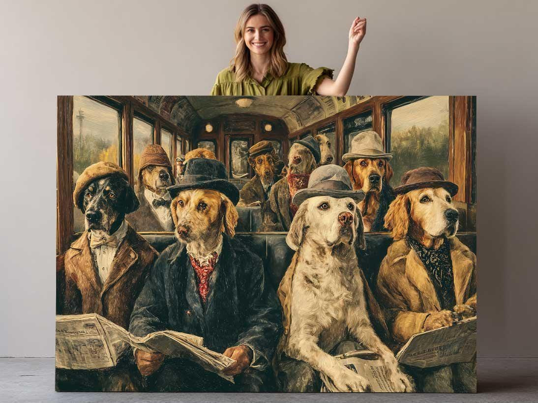 Dogs on a Train Funny Canvas Wall Art