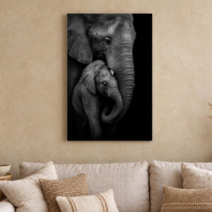 Elephant and Calf Black and White Canvas Wall Art