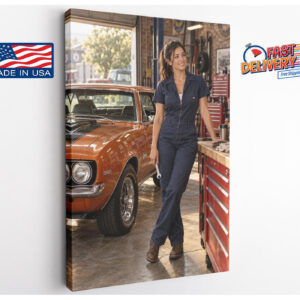 Female Mechanic with Muscle Car Canvas Wall Art