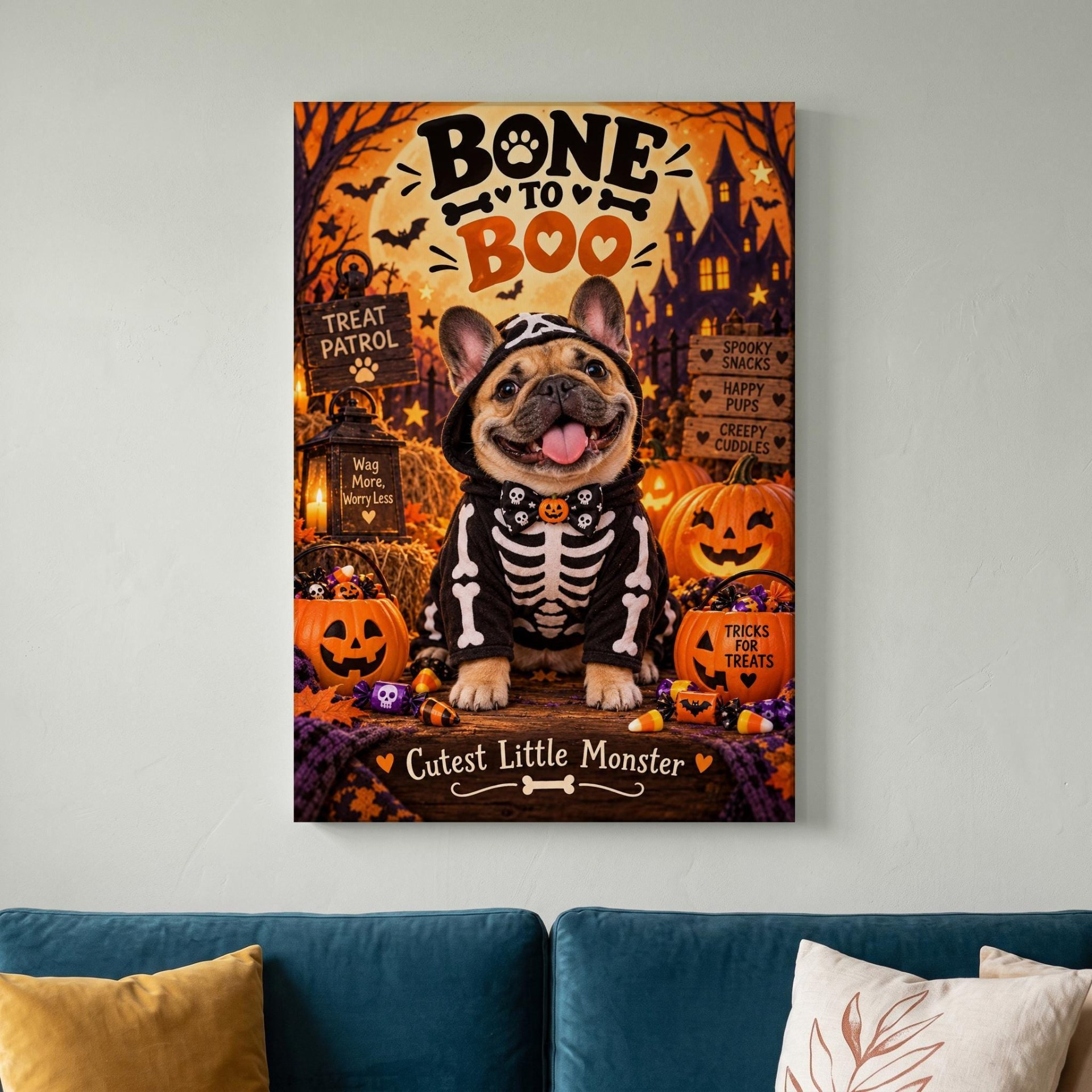 Frenchie Skeleton Halloween Canvas Wall Art