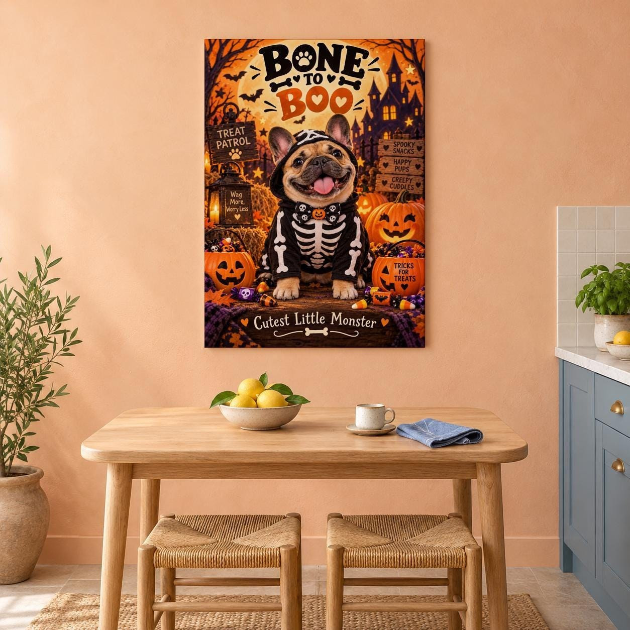 Frenchie Skeleton Halloween Canvas Wall Art