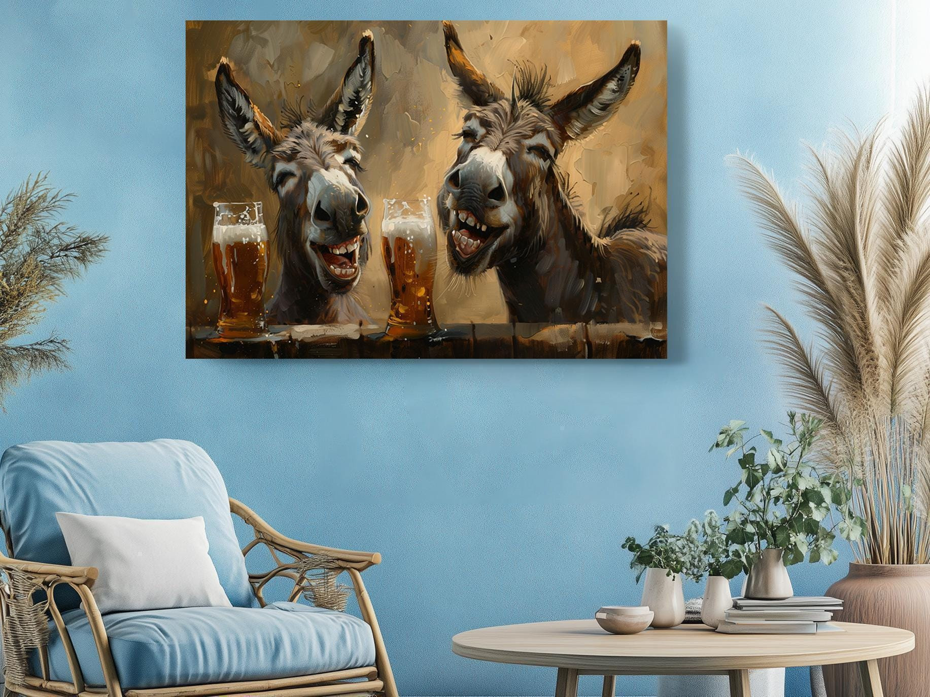 Funny Donkeys with Beer Canvas Wall Art