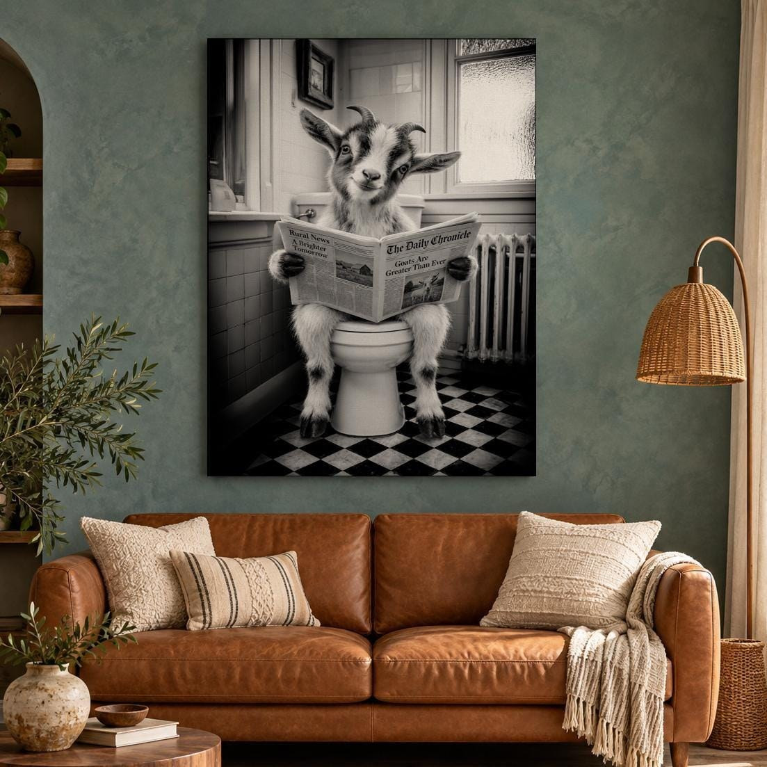 Funny Goat on Toilet Canvas Wall Art